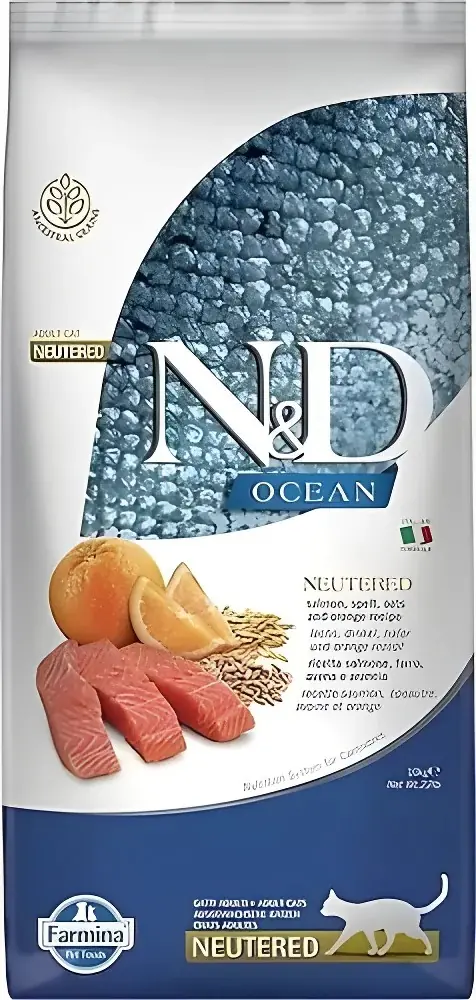 Ürün görseli: N&D Ocean Düşük Tahıllı Kısırlaştırılmış Somonlu ve Portakallı 10 kg Yetişkin Kedi Maması