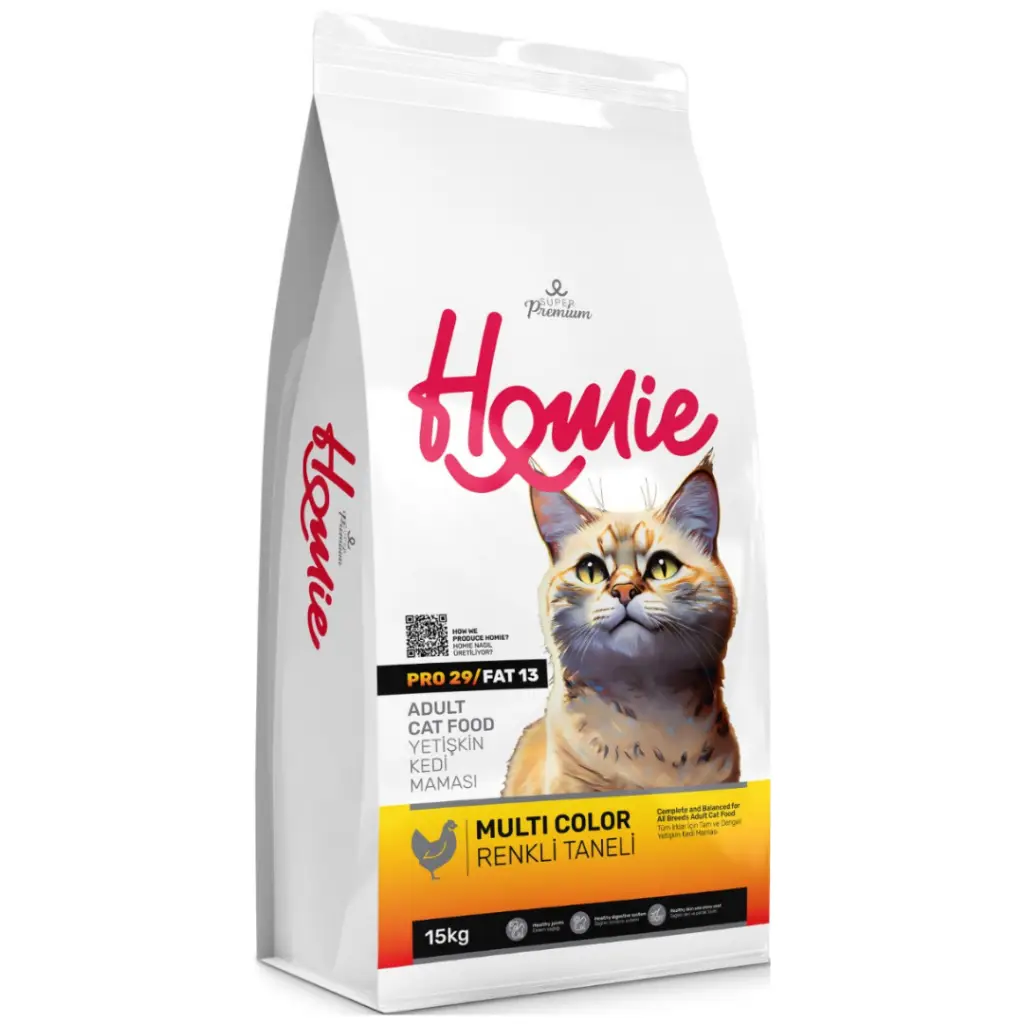 Ürün görseli: Homie Süper Premium Multi Color Renkli Taneli Tavuklu Yetişkin Kedi Maması 15 Kg